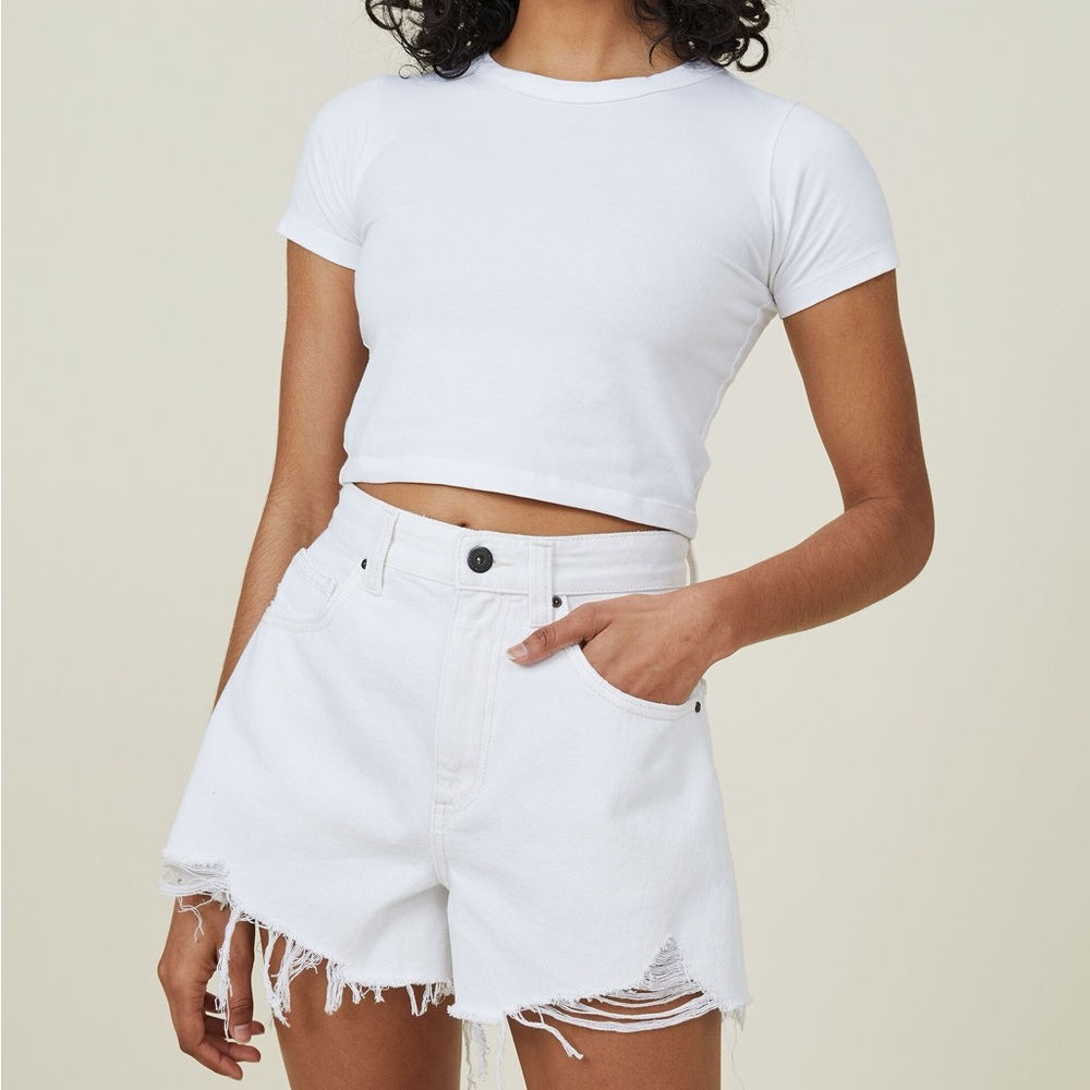 Cotton:On High Rise Mom White Cut Off Denim Shorts